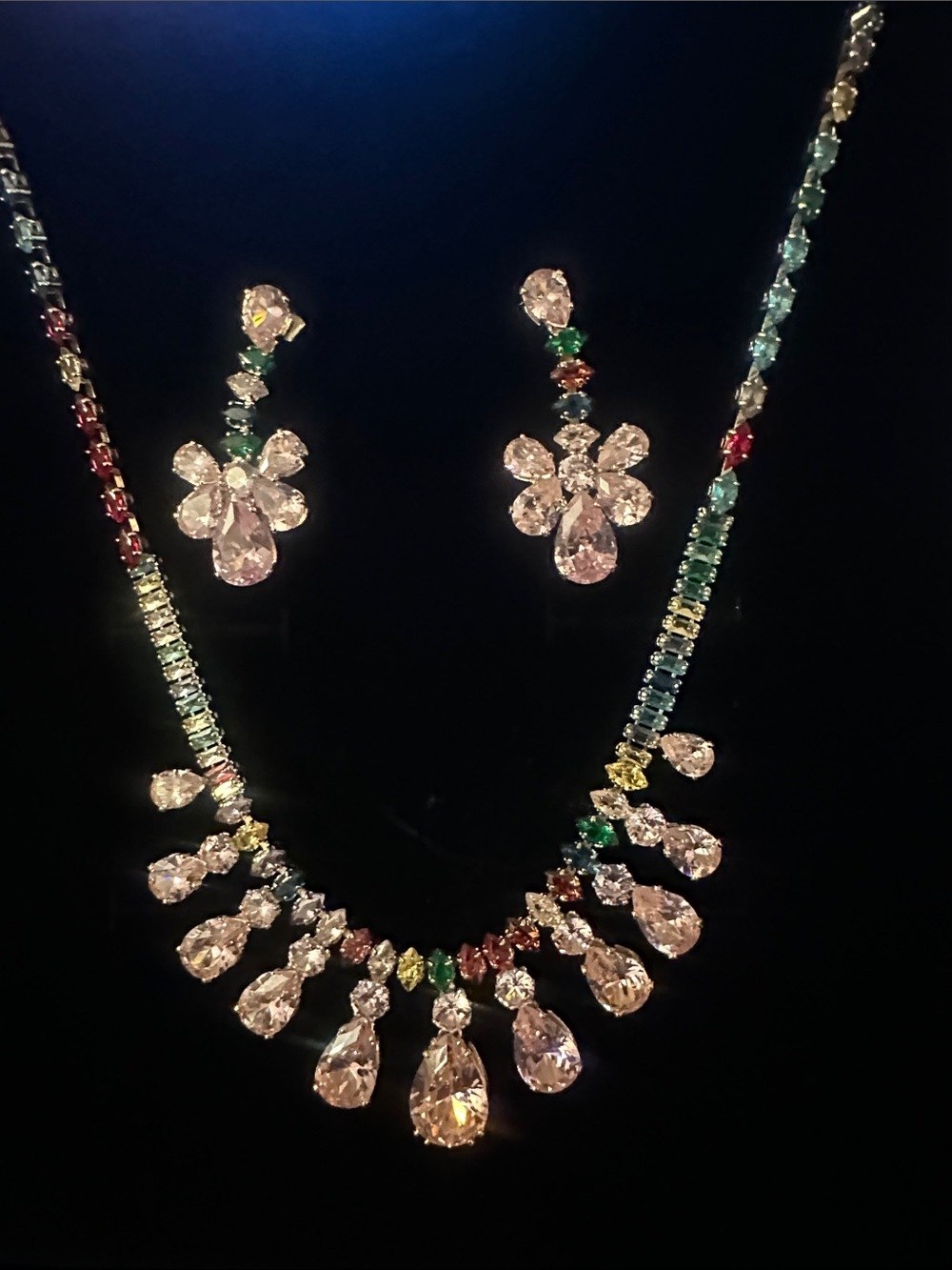 Elegant Pink Teardrop Earrings & Multicolor Crystal Necklace Set